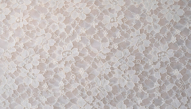 Intricate white bridal lace fabric with floral net. Classic wedding dress and detailed veil textile. Embroidered flower lace material lying on bright surface