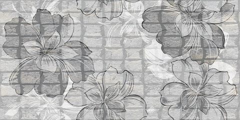 Grayscale floral mural on weathered brick texture, artistic flower sketches on gray stone wall, elegant botanical pattern for interior design © harshad