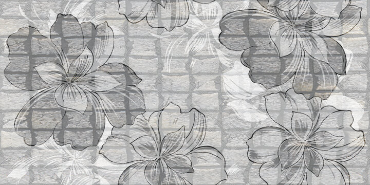 Grayscale floral mural on weathered brick texture, artistic flower sketches on gray stone wall, elegant botanical pattern for interior design