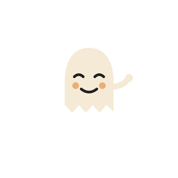 Cute smiling white ghost waving with blushing cheeks isolated on transparent background flat icon
