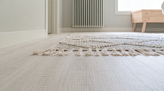 Light colored vinyl flooring with a textured rug and radiator