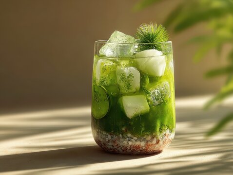 Refreshing green cucumber and herb infused drink in a clear glass with ice and fresh greenery