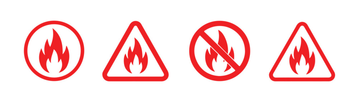 Red flammable warning signs collection with fire icons for industrial safety and hazard precaution.