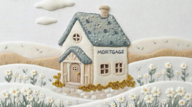 Textile art embroidery of a cozy cottage house with mortgage sign. Handcrafted fabric needlework of suburban home. Real estate and property loan concept