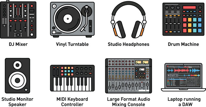 Professional DJ Equipment and Music Production Tools, Set of 8 Audio Gear Vector Icons, Studio Mixing Console and Electronic Instruments