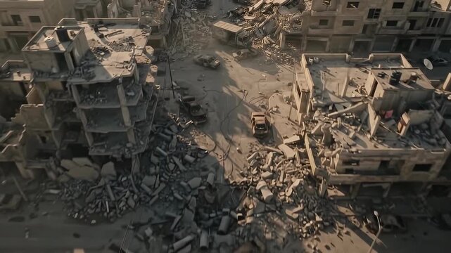 Aerial view of a war torn city with destroyed buildings and debris