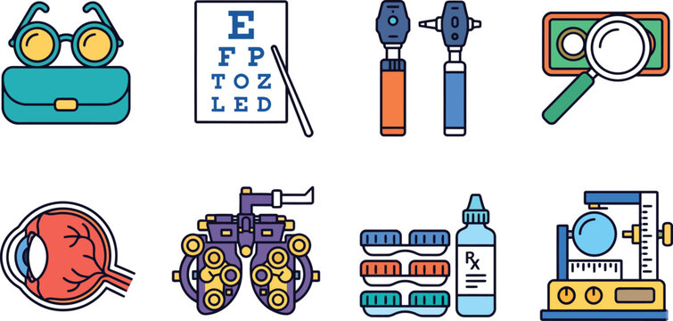 Optometry and ophthalmology icon set, professional eye care equipment and medical vision tools, 8 flat vector illustrations for clinic branding