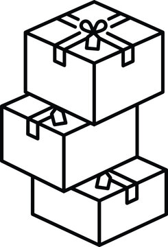 Stacked isometric shipping parcel boxes vector line graphic showing vertical pile of delivery packages tied with string
