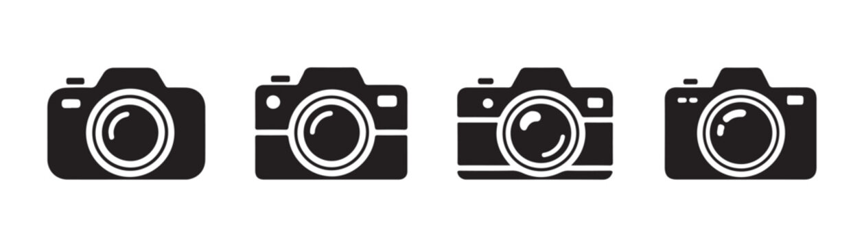 Set of black digital camera icons on transparent background for photography design.