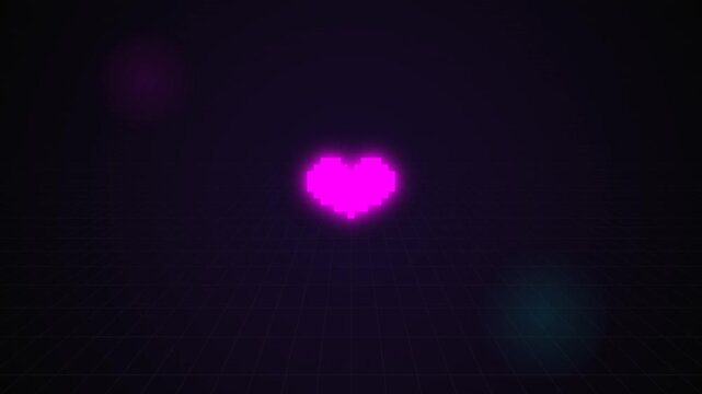 Glowing magenta heart grid with retro scanlines on dark background