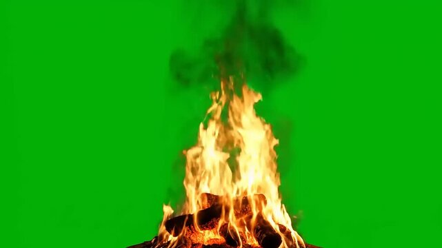 Real bonfire flame burning with dark smoke rising on a chroma key green screen background