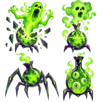 Terrifying anthropomorphic apothecary flask filled with glowing toxic green ectoplasm, shown shattering, releasing a ghost, forming a skull, crawling on glass legs and revealing floating eyes.