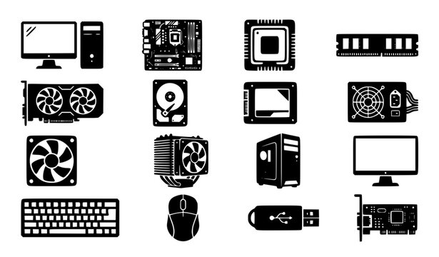 Computer hardware and components solid black vector icon set