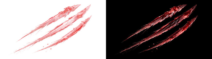 Claw scratch marks with three bloody red slashes and glossy texture for horror and Halloween designs in PNG, Transparent and Black Background Versions © Tanay
