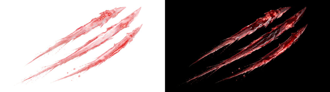 Claw scratch marks with three bloody red slashes and glossy texture for horror and Halloween designs in PNG, Transparent and Black Background Versions