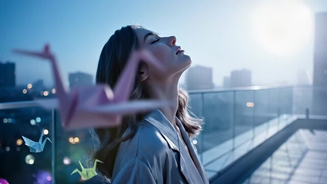Young woman stands on city balcony with flying paper cranes. Peaceful female dreams with closed eyes near origami birds. Magical paper cranes fly around relaxing lady. She feels freedom here.