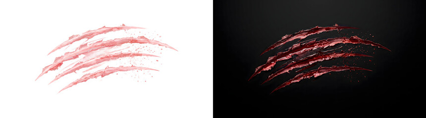 Curved claw scratch marks with four bloody red slashes and fine droplets for horror and Halloween designs in PNG, Transparent and Black Background Versions © Tanay