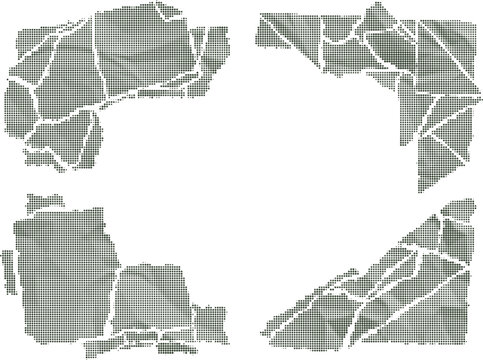Sage Green Four Corner Frame Set Halftone Vector Illustration with Separated Folded Torn Paper Fragments Open Layout Nature Inspired Handmade