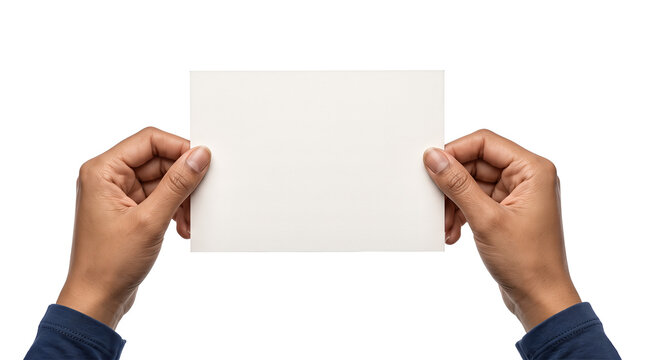 Blank card held horizontally by two hands in navy blue sleeves shown as an isolated PNG with transparent background