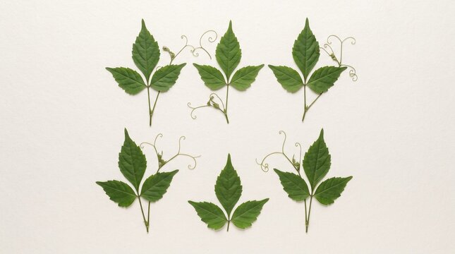 Flat lay composition of fresh green leaves and tendrils arranged on a light background   