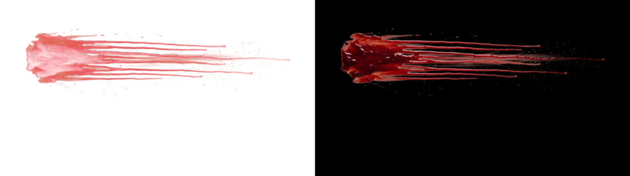 Blood splatter with long horizontal red streaks and thin liquid trails for horror and Halloween designs in PNG, Transparent and Black Background Versions