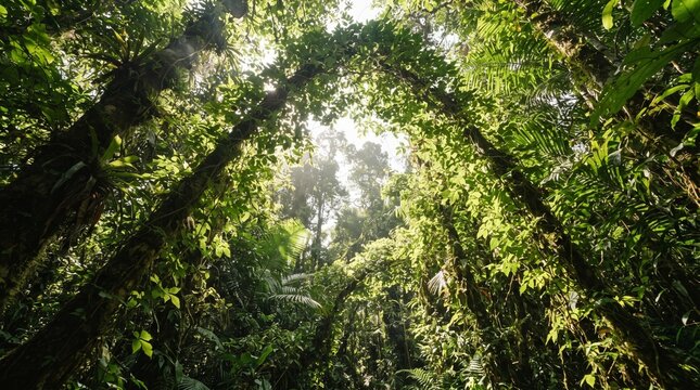 Low angle view of lush tropical jungle canopy and liana ivy plant branches framing the sunlight   
