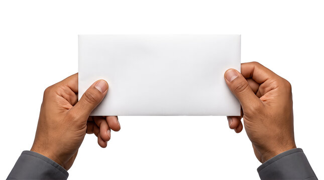 Envelope held firmly by two hands in gray sleeves presented as an isolated PNG with a transparent background