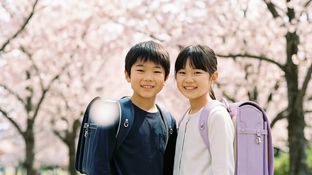 満開の桜の下で笑顔を見せるランドセル姿の小学生