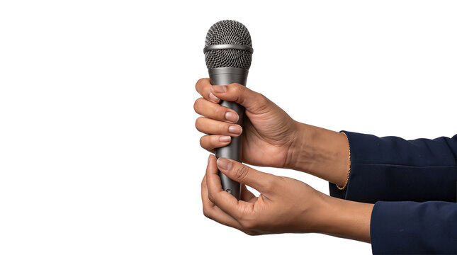 Microphone with a metal mesh grille held by two hands in navy blazer sleeves shown as an isolated PNG with transparent background