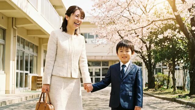 桜が咲く学校でランドセル姿の男の子を見守る母親