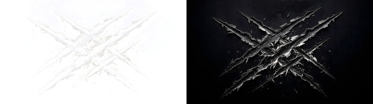 Crossed claw scratch marks with deep torn grooves and flying debris on black surface for horror and Halloween designs in PNG, Transparent and Black Background Versions