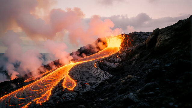 Eruzione vulcanica con colata di lava 