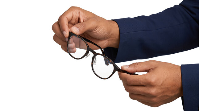 Eyeglasses with a dark tortoiseshell round frame held by two hands in navy blazer sleeves shown as an isolated PNG with transparent background