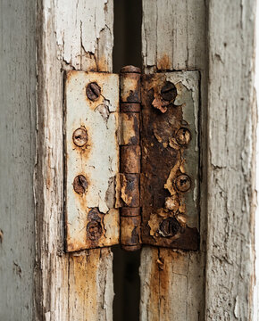 Rusty Door Hinge on Peeling Painted Wood, Old Hardware Repair Detail