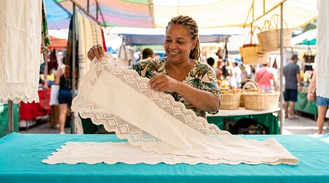 Vendor unfolding lace table runner, Off white textile on turquoise, Outdoor street market household shopping, Bright supported fabric display scene, Scalloped border and coherent threadwork