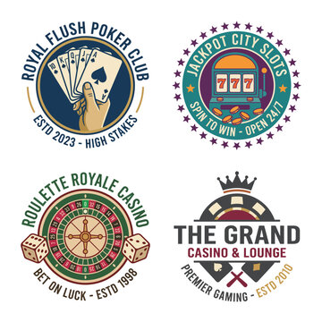 This image showcases a collection of casino logos featuring poker hands and slot machines, representing the glitz and glamour of gaming culture and competition.