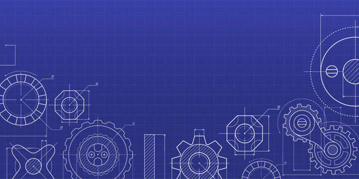 Technical blueprint background with mechanical pattern on dark blue. Vector illustration of industrial design sketch with precision machinery parts, engineering details, tech presentation design