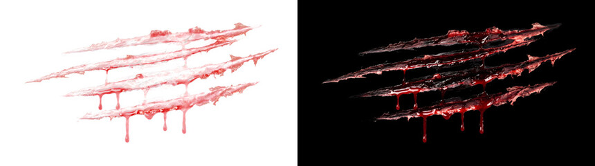 Four bloody claw scratch marks with raw flesh wounds and thick dripping red blood for horror and Halloween designs in PNG, Transparent and Black Background Versions © Tanay