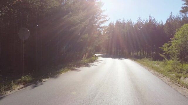 Pov drive on sunset road with trees on either side and a bright sun shining through the trees