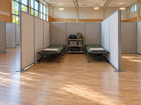 Temporary shelter bay with two folding cots and privacy partitions
