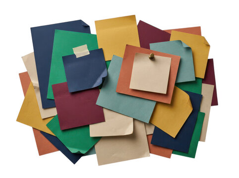 Stack of colorful paper notes and sticky memos on a messy desk