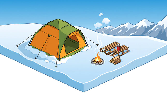 Colorful camping tent and campfire setup in snowy alpine mountain landscape for winter adventure travel