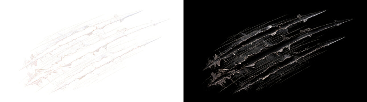 Diagonal claw scratch marks with four shredded grooves and fine scratch lines on black surface for horror designs in PNG, Transparent and Black Background Versions