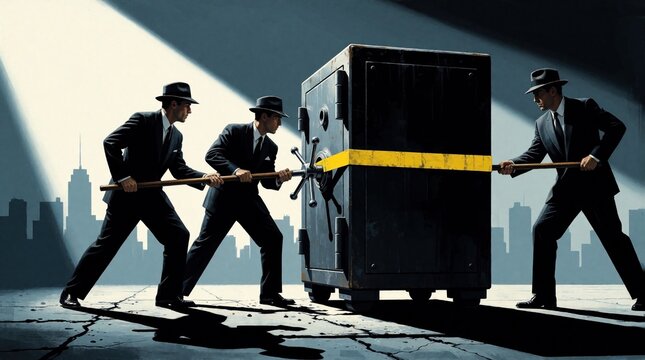 Three men in suits, fedoras use long metal bars to pry open heavy steel safe. Criminals perform heist on rooftop near city skyline. Dark suspenseful scene shows robbers breaking into large vault for