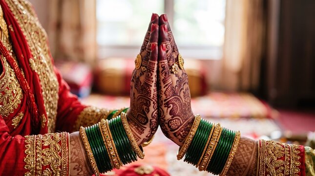Woman hands folded in namaste with intricate henna and green bangles. Hariyali Teej celebration and bridal tradition