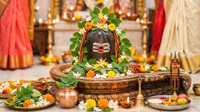 Decorated shiva lingam adorned with flowers and bilva leaves on altar. Maha shivaratri festival celebration