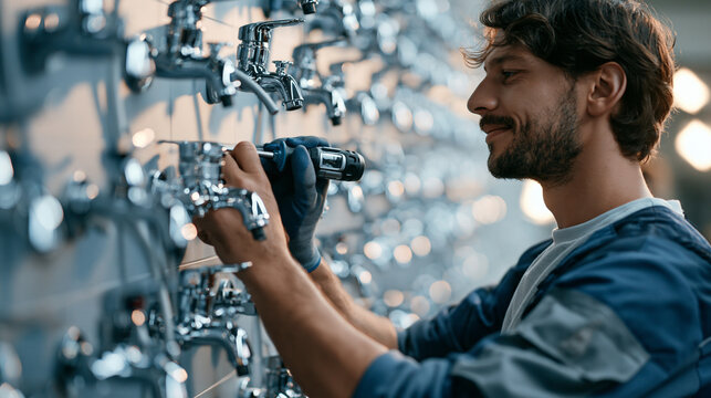 Plumber calmly repairing a wall of identical chrome objects