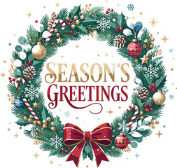 Seasons greetings christmas wreath with ornaments and red bow © NAYEEM
