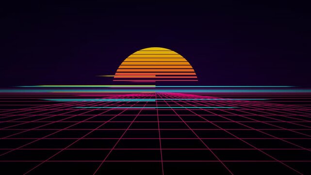 Retro Synthwave Grid Background With Horizontal Pixel Sorting Glitch Distortion