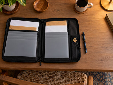 Open document organizer with envelopes and spare key on desk